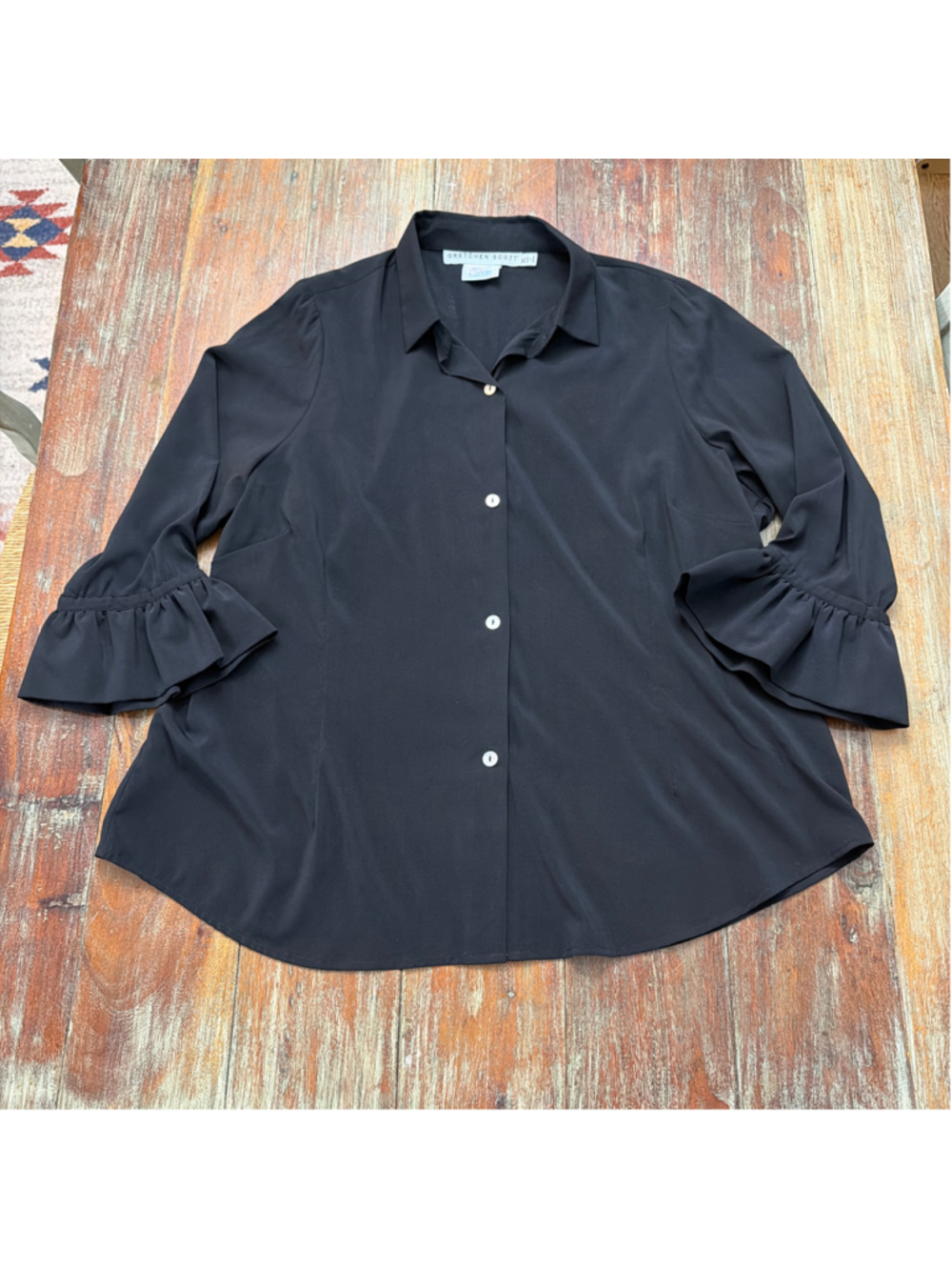 Gretchen Scott XL Black Ruffle Sleeve Button Down Blouse Top 3/4 Sleeve Solid